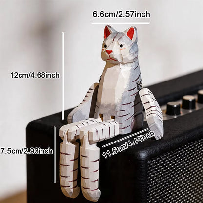 Chat Gris et Blanc Articulé en Bois – Figurine Gardien d'Étagère Sculptée à la Main