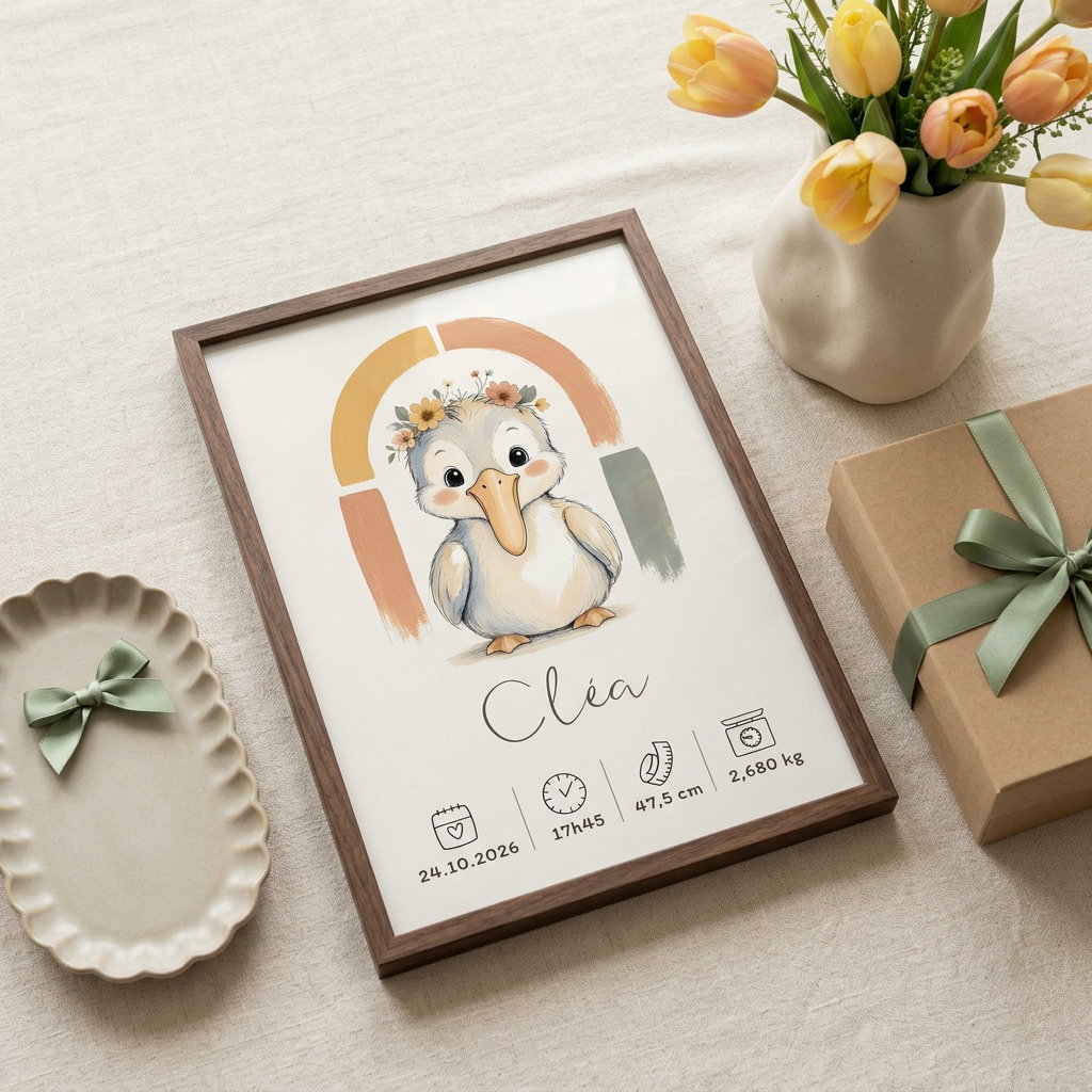 Cléa en cadre bois foncé présenté en cadeau avec tulipes et ruban sauge