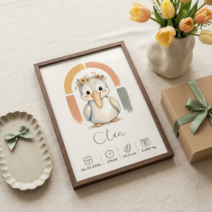 Cléa en cadre bois foncé présenté en cadeau avec tulipes et ruban sauge