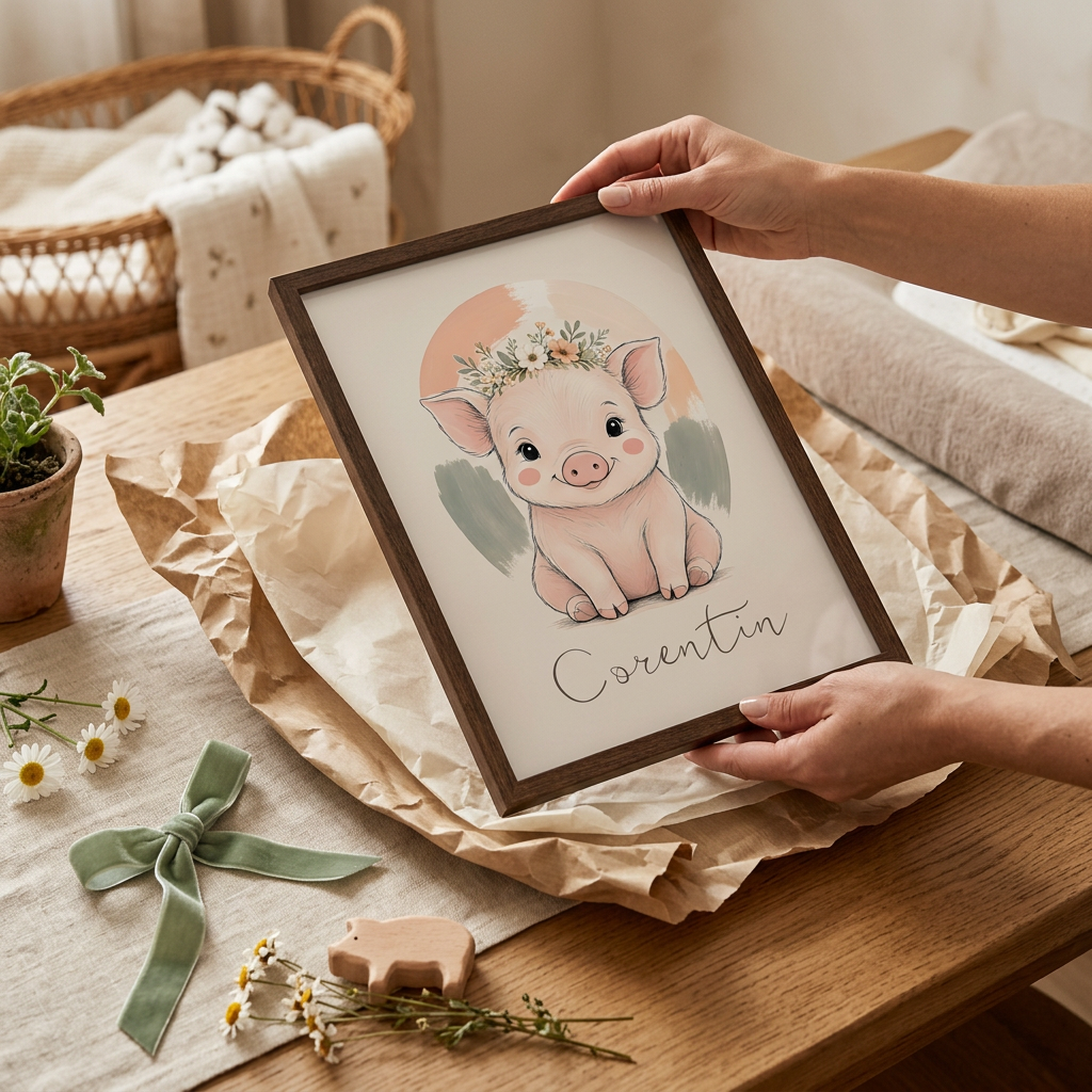 Cochon Corentin en cadre bois foncé présenté en cadeau