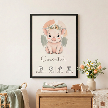 Cochon Corentin en cadre noir au mur, décoration printanière sauge, pêche et crème