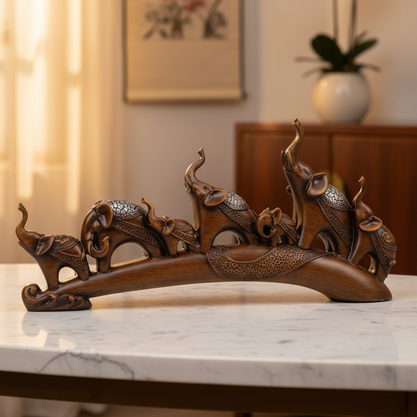Sept Éléphants en Résine – Composition Décorative Porte-Bonheur Style Asiatique