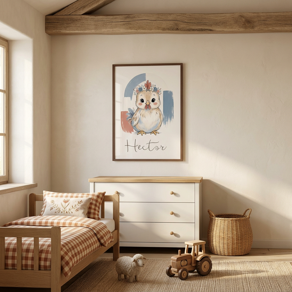 Coq en cadre A3 bois foncé au mur, chambre ferme terracotta et crème