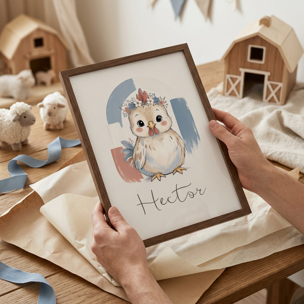 Coq en cadre bois foncé présenté en cadeau