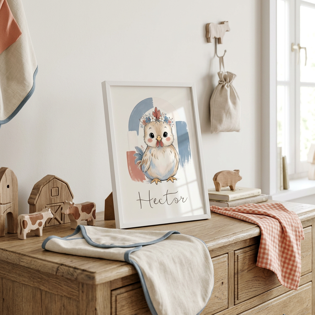 Coq encadré blanc sur une commode, décoration ferme