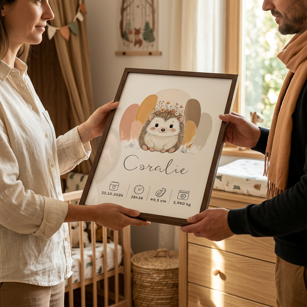 Coralie dans un cadre bois foncé A3 offert en cadeau