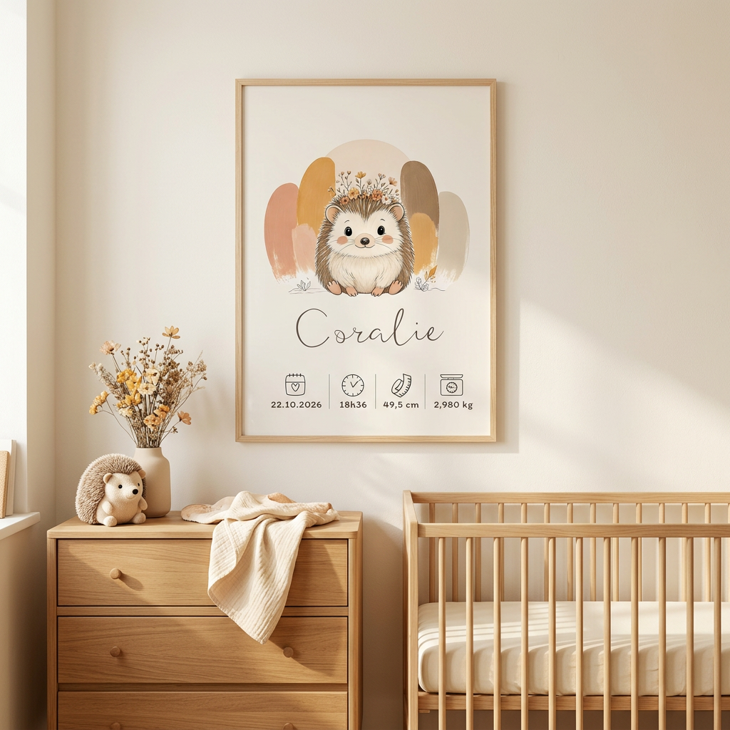 Coralie dans un cadre bois naturel A3 dans une chambre