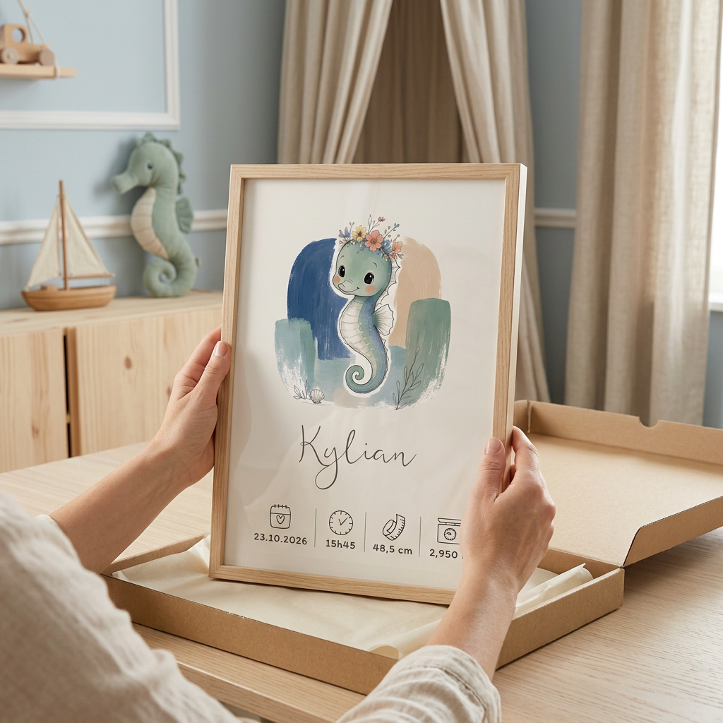 Déballage de l’affiche Hippocampe Kylian encadrée en bois clair, sur une table en chêne dans une ambiance bord de mer