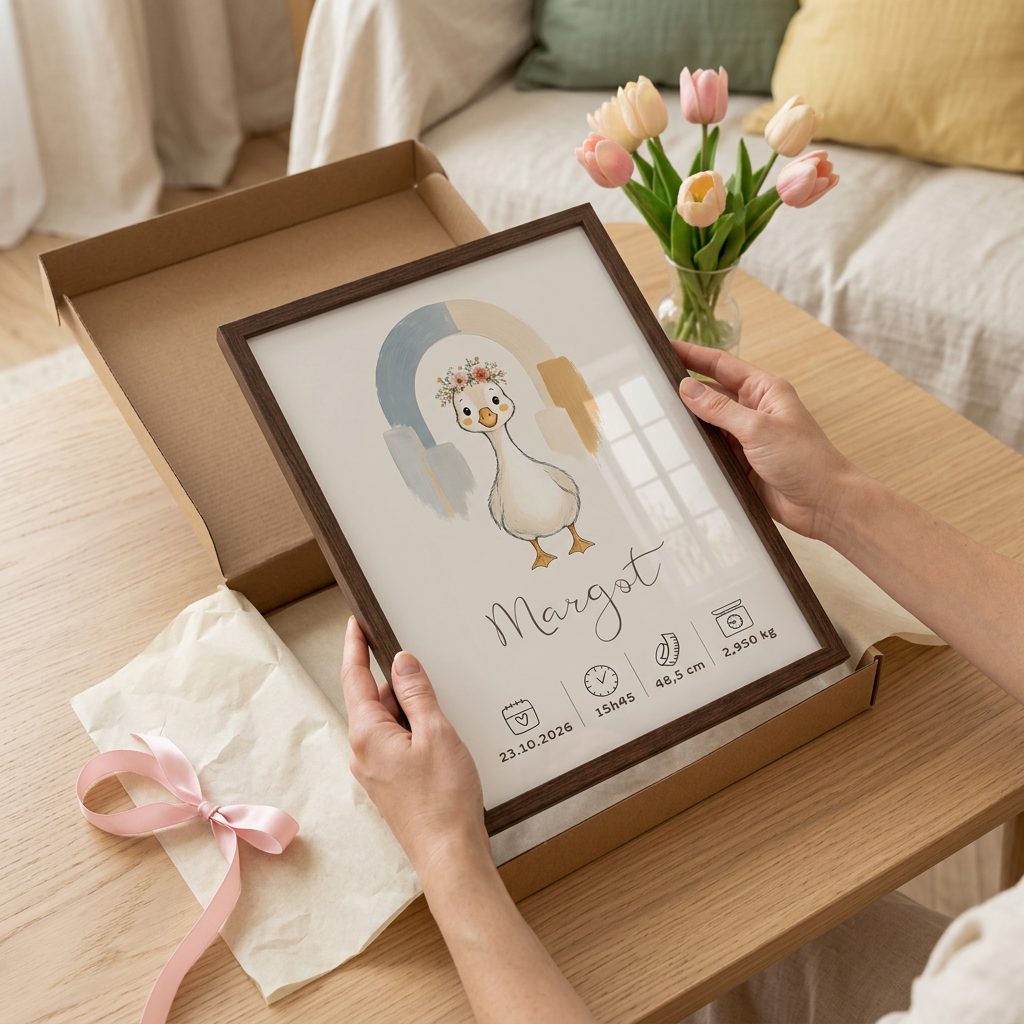 Déballage de l’affiche Oie Margot dans un cadre bois foncé A4, avec une présentation cadeau pastel