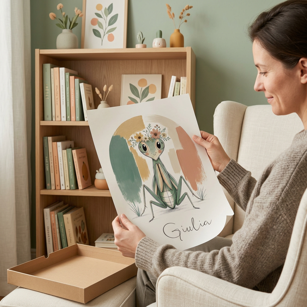 Découverte du poster Giulia dans un coin lecture aux couleurs végétales