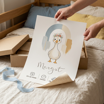 Découverte du poster Oie Margot dans une présentation cadeau