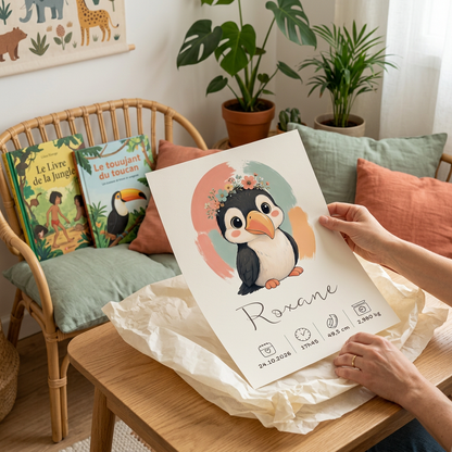 Découverte du poster Toucan Roxane dans un coin lecture jungle