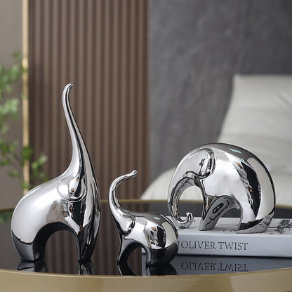 Set 3 éléphants céramique électroplaquée argent – finition argentée élégante, ornement porte-bonheur
