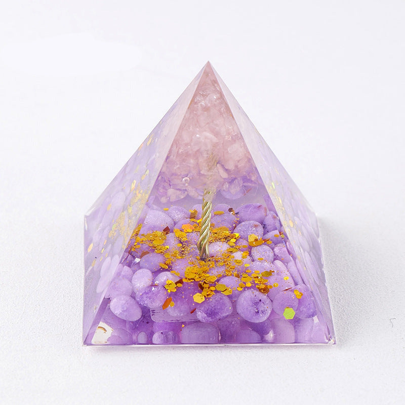 Pyramide orgonite arbre de vie – améthyste rose et violet, quartz rose