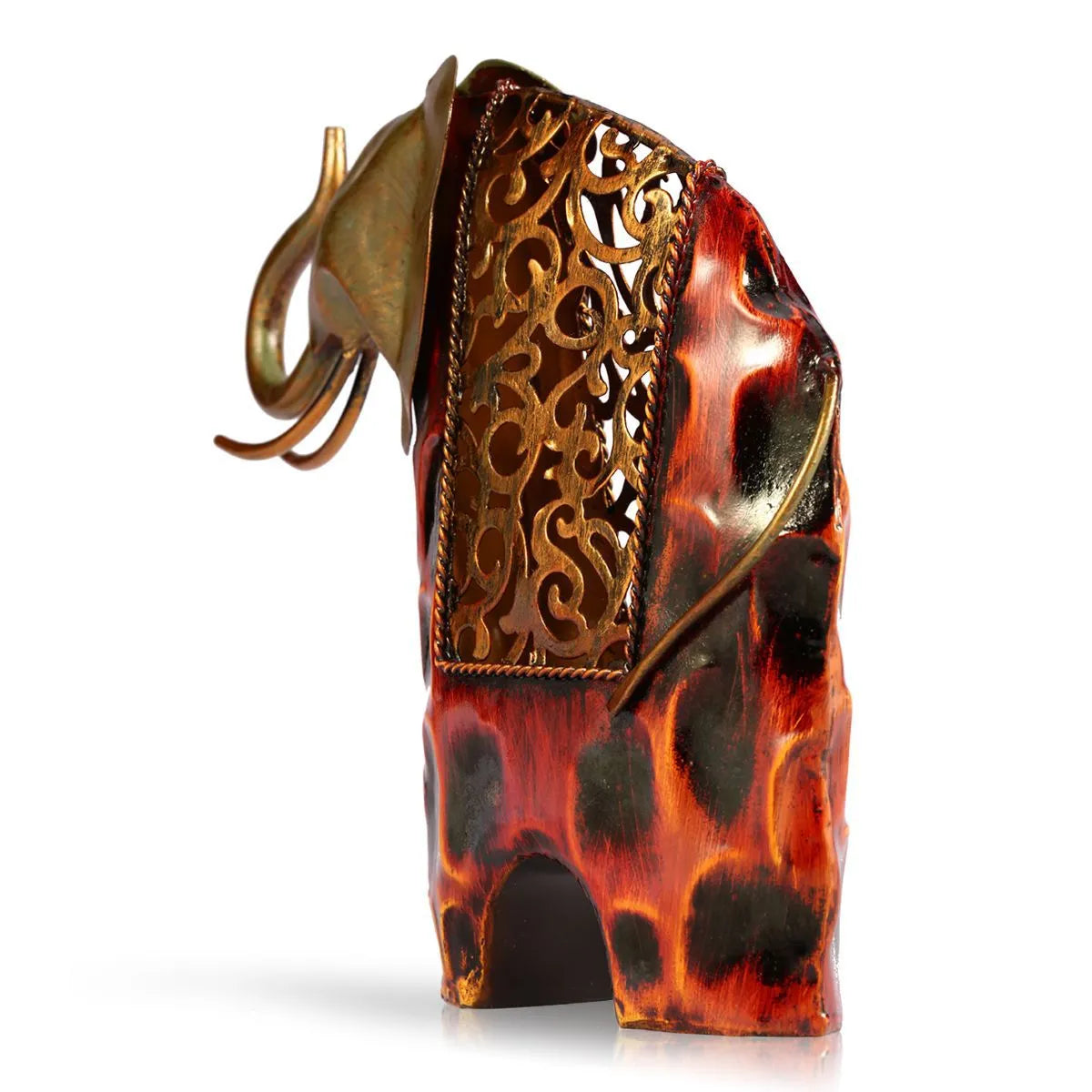 Éléphant décoratif en métal doré avec motifs ajourés et patine vieillie, vue de dos - cadeau symbolique