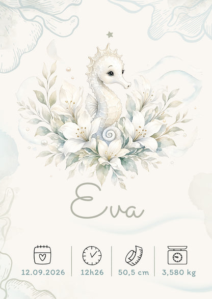 Poster de naissance Eva personnalisé – Hippocampe, sans cadre