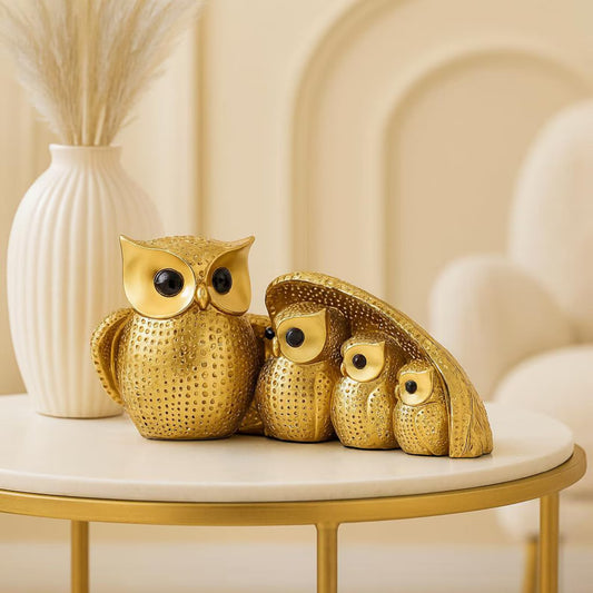 Famille de Hiboux Décoratifs en Résine – Or & Argent | Décoration Symbolique