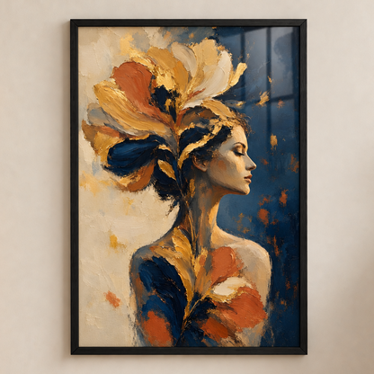 Femme-fleur dans un cadre noir sur un mur beige