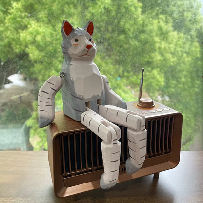 Chat Gris et Blanc Articulé en Bois – Figurine Gardien d'Étagère Sculptée à la Main