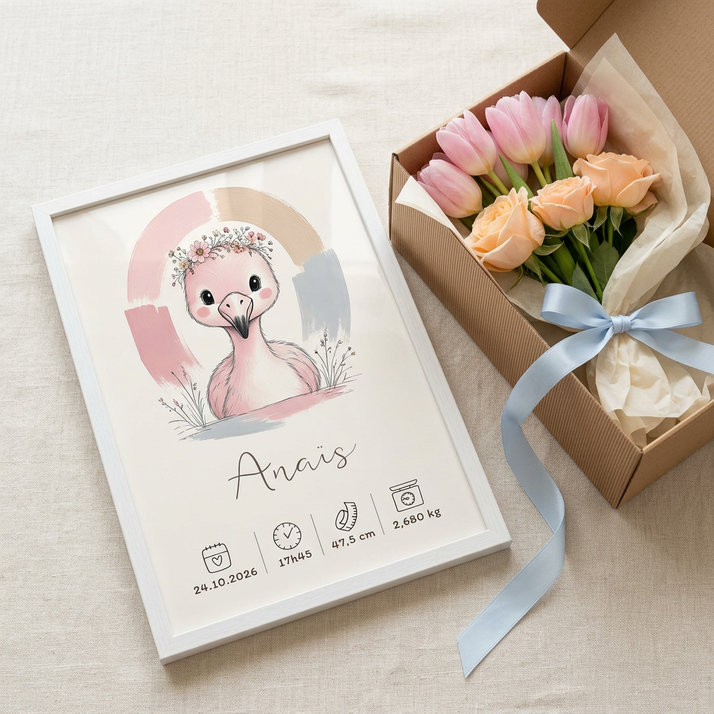 Flamant rose Anaïs en cadre blanc présenté en cadeau