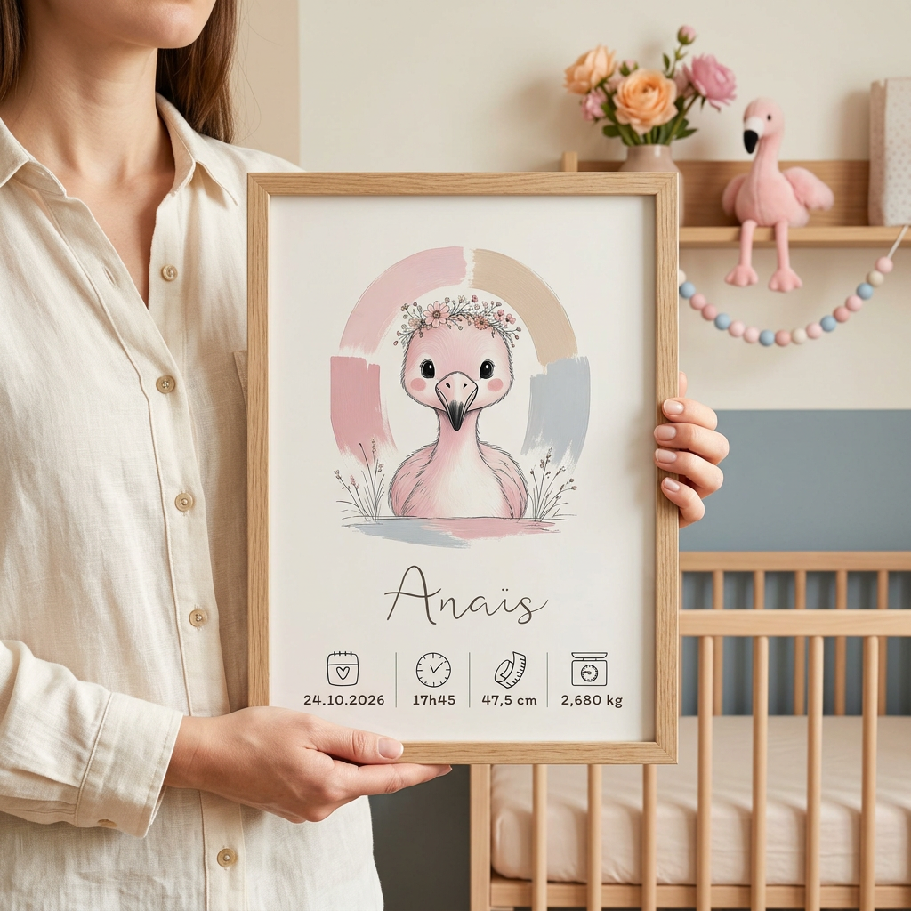 Flamant rose Anaïs en cadre bois clair présenté par une seule personne