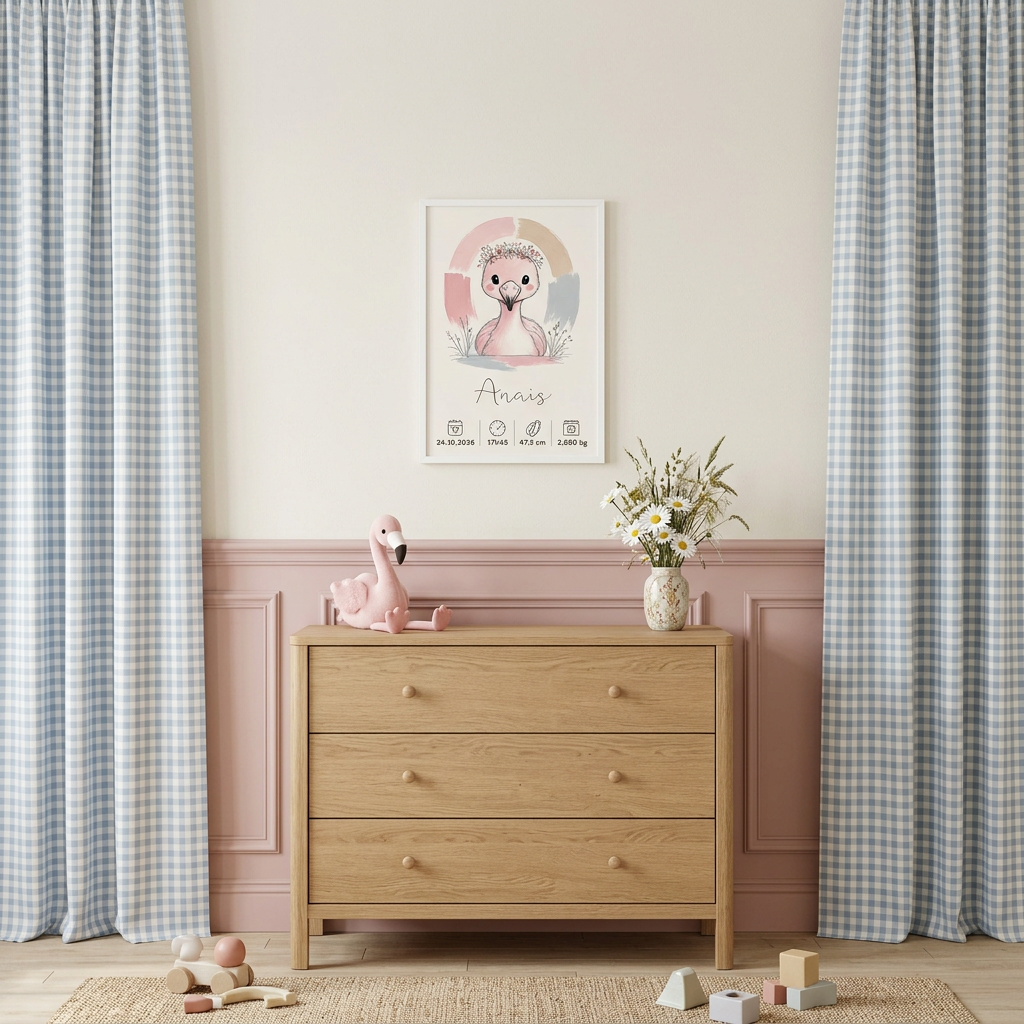 Flamant rose Anaïs en petit cadre blanc dans une chambre rose poudré