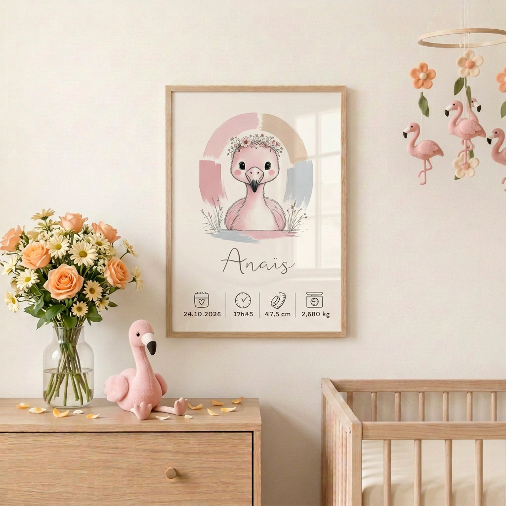 Flamant rose Anaïs en petit cadre bois clair dans une chambre de bébé, avec une décoration assortie