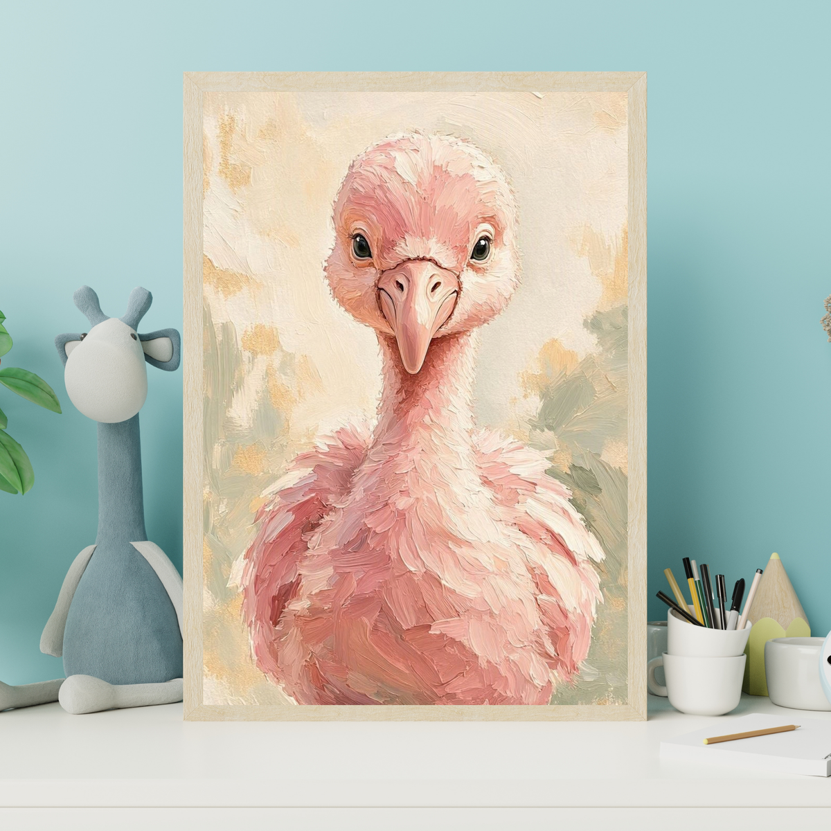 Affiche bébé flamant rose encadrée – prête à accrocher