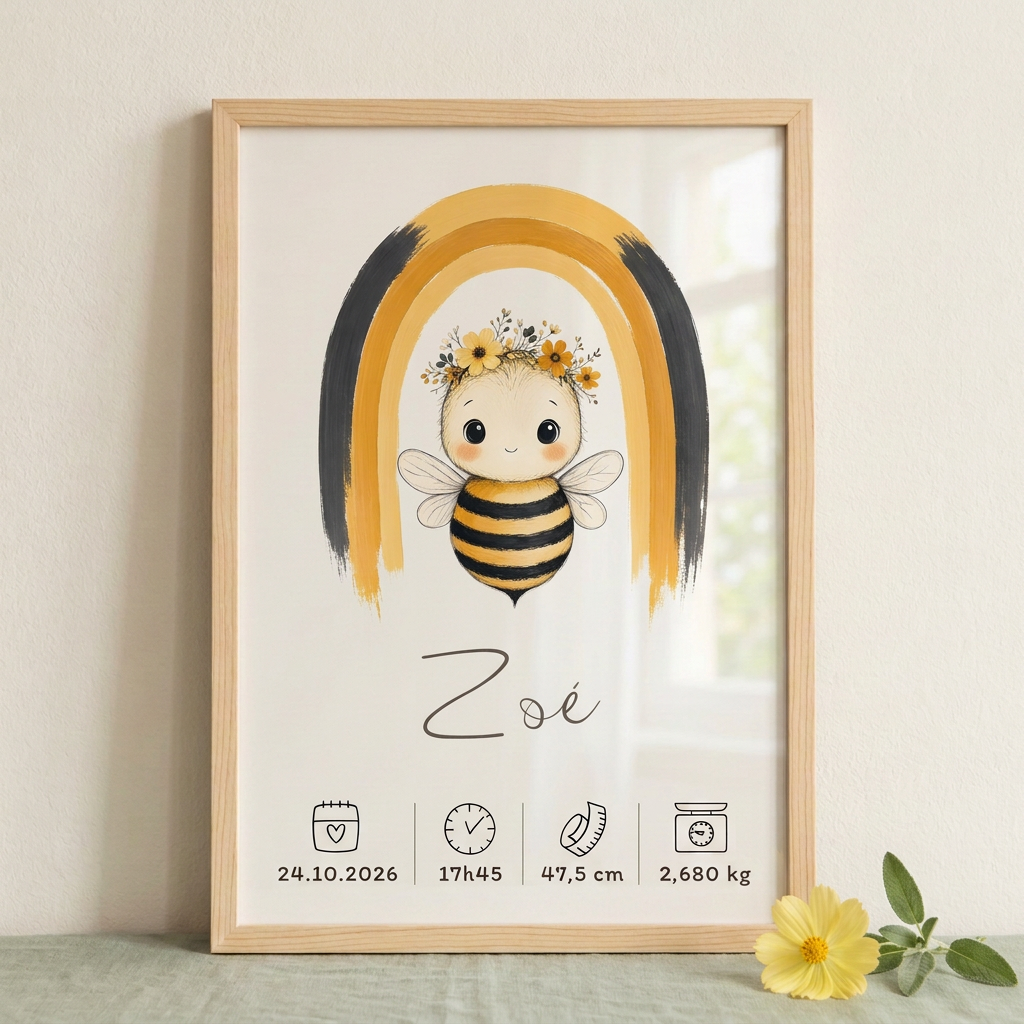 Gros plan de l’Abeille Zoé en cadre bois clair avec plexiglas et fleur jaune