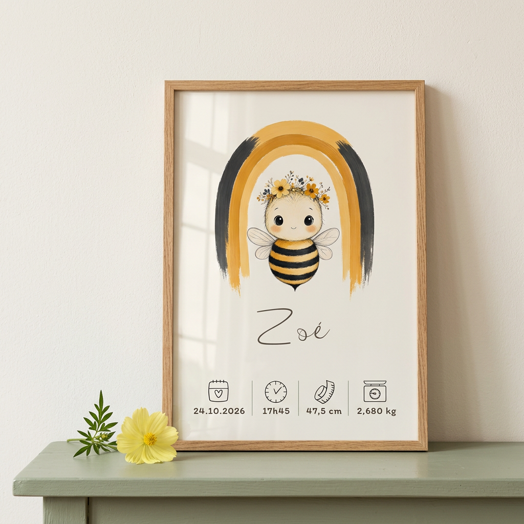 Gros plan de l’Abeille Zoé en cadre bois clair avec plexiglas