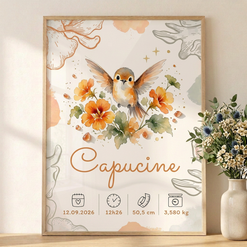Gros plan de l’affiche Capucine dans un cadre en bois