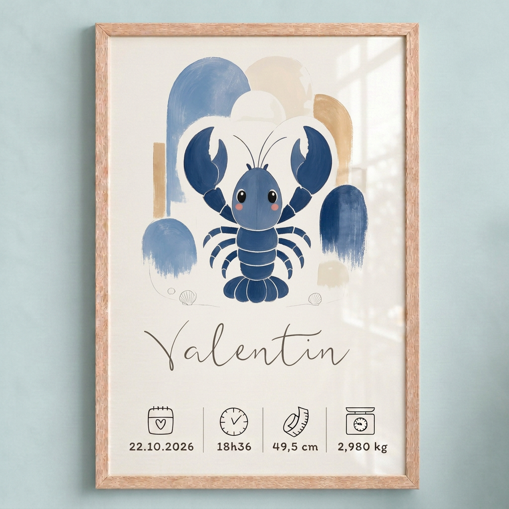 Gros plan de l’affiche Homard Valentin dans un cadre bois clair avec plexiglas