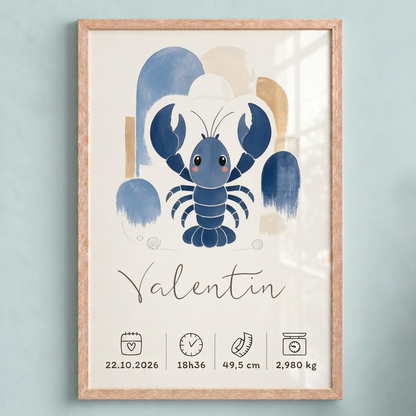Gros plan de l’affiche Homard Valentin dans un cadre bois clair avec plexiglas