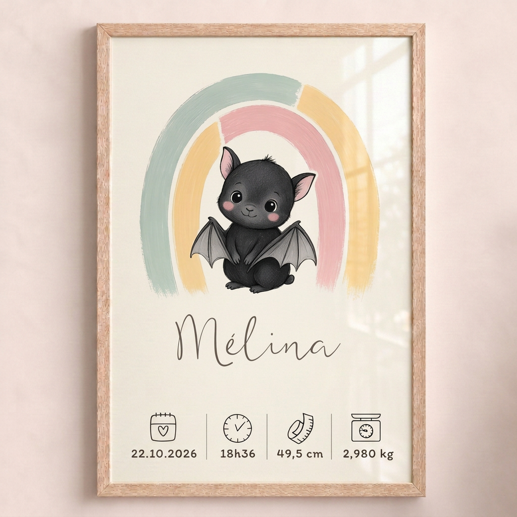 Gros plan de l’affiche Mélina dans un cadre bois clair avec plexiglas sur un mur rose pâle