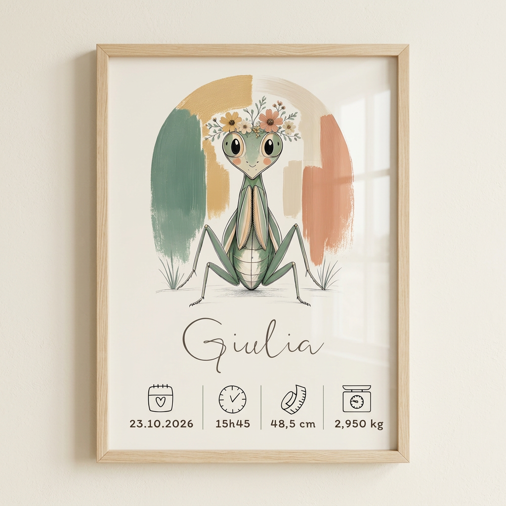 Gros plan de l’affiche Mante religieuse Giulia dans un cadre bois clair avec plexiglas