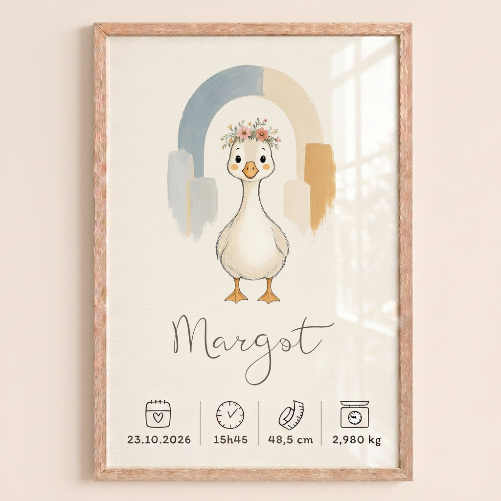 Gros plan de l’affiche Oie Margot dans un cadre bois clair, avec un reflet discret sur le plexiglas