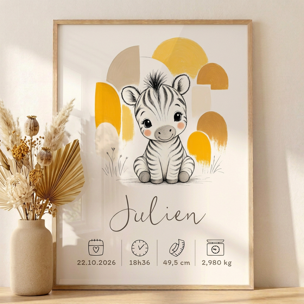 Gros plan de l’affiche zèbre Julien encadrée en bois naturel, avec une décoration crème et ocre