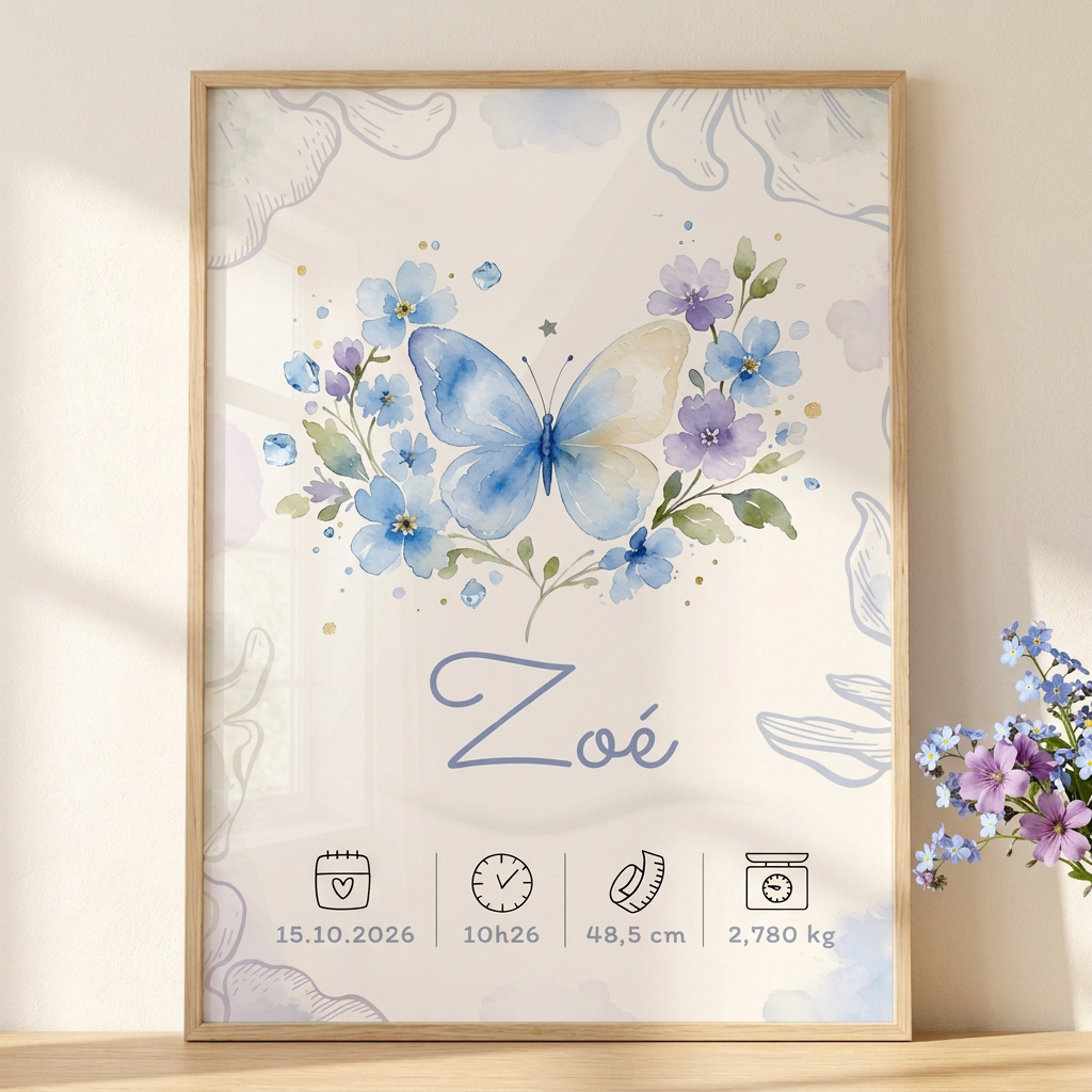 Gros plan de l’affiche Zoé encadrée avec plexiglas et lumière solaire