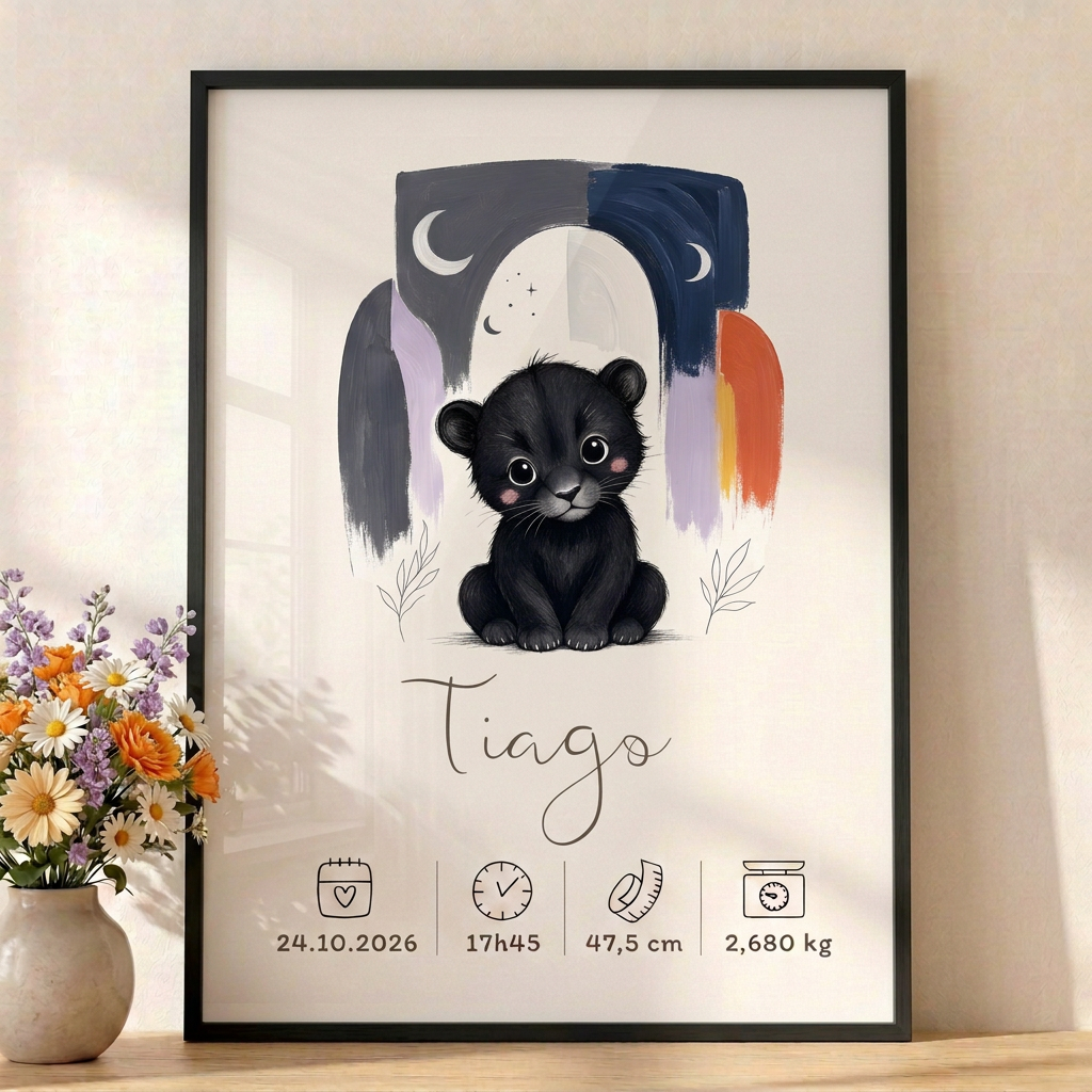 Gros plan de la Panthère noire Tiago en cadre noir avec un bouquet assorti