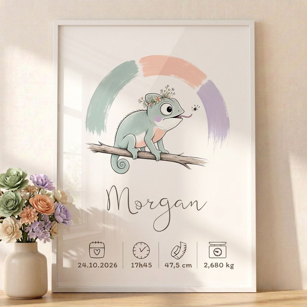 Gros plan du Caméléon Morgan en cadre blanc avec des fleurs pastel