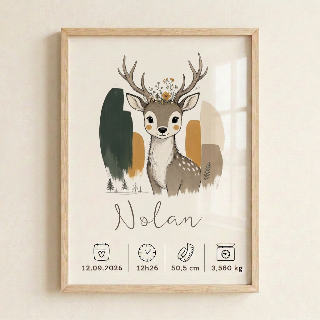 Gros plan du Cerf Nolan en cadre bois clair