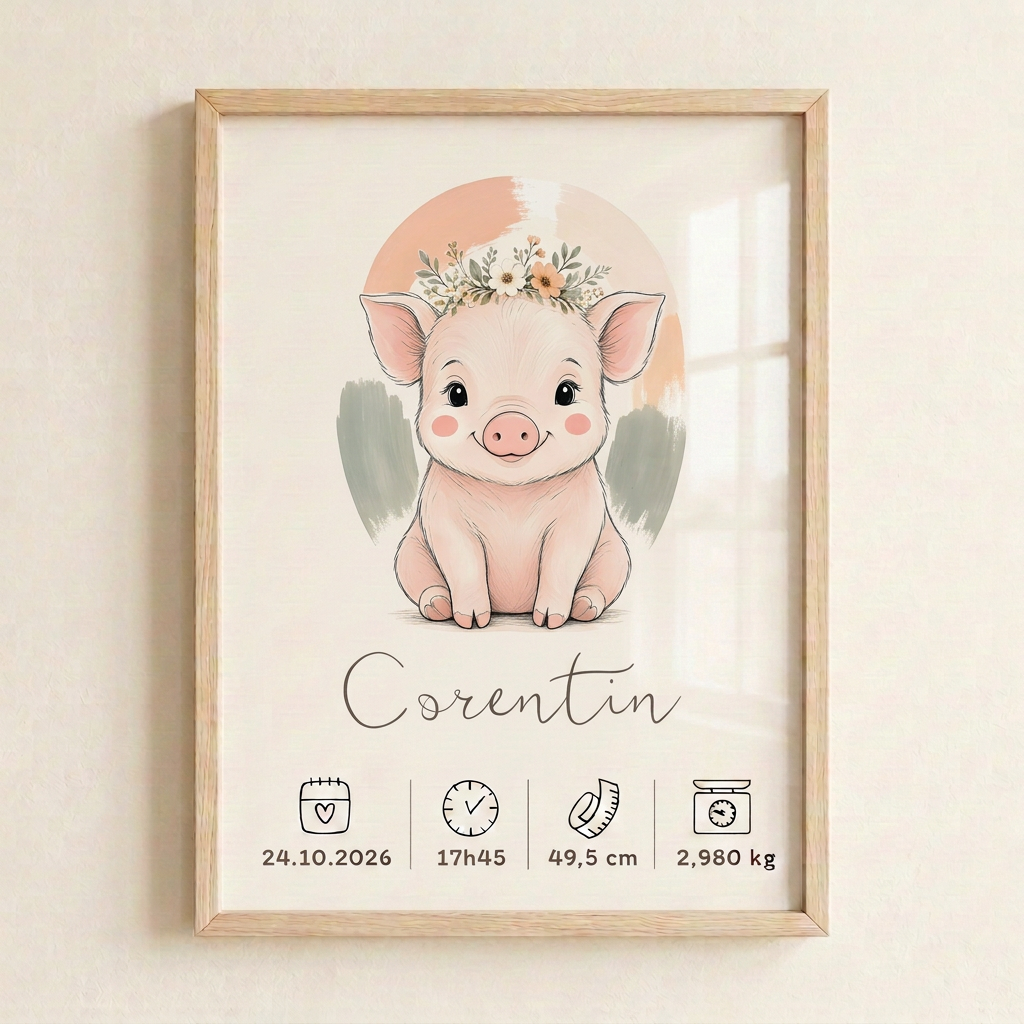 Gros plan du Cochon Corentin en cadre bois clair avec plexiglas, lumière printanière