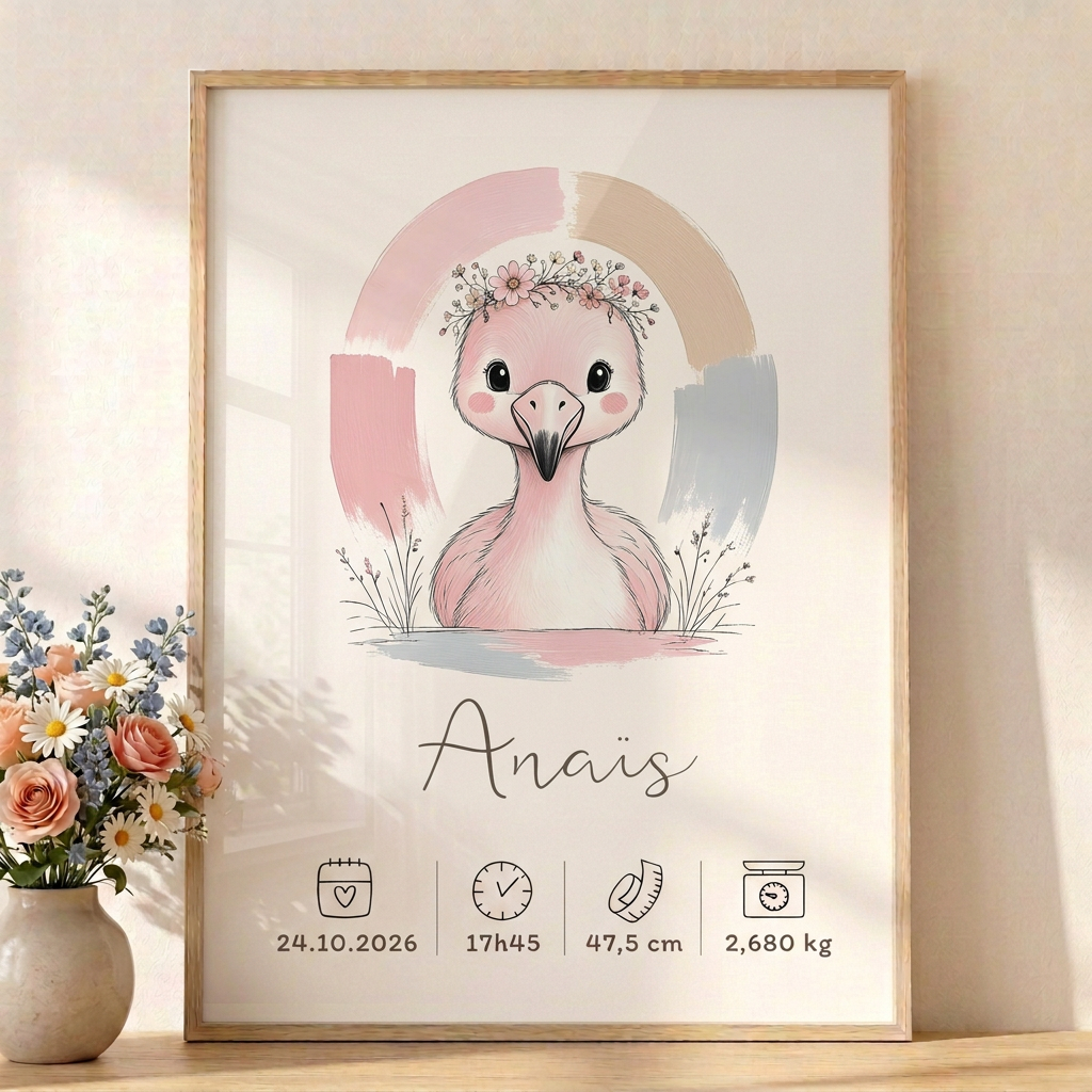 Gros plan du Flamant rose Anaïs en cadre bois clair avec des fleurs pastel