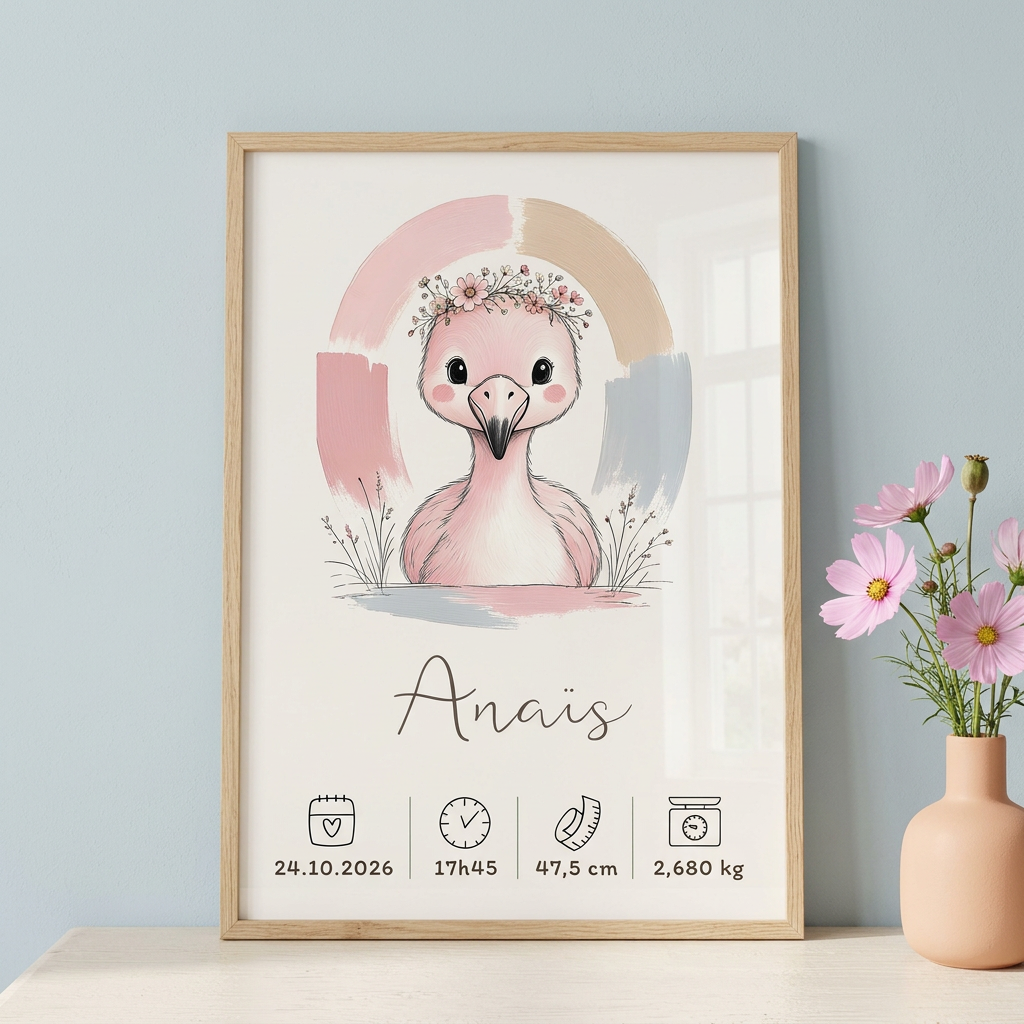 Gros plan du Flamant rose Anaïs en cadre bois clair avec des fleurs