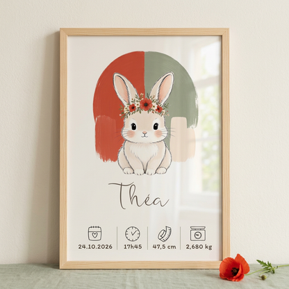 Gros plan du Lapin coquelicot en cadre bois clair avec plexiglas