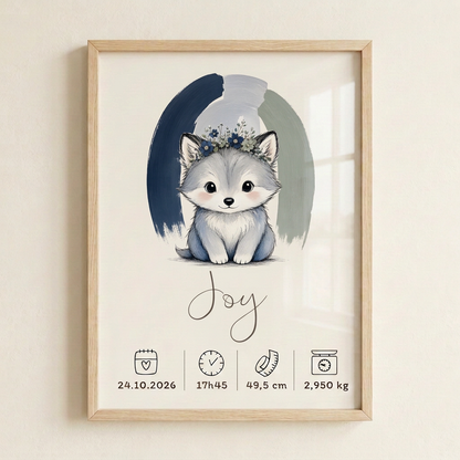 Gros plan du Loup Joy en cadre bois clair avec plexiglas