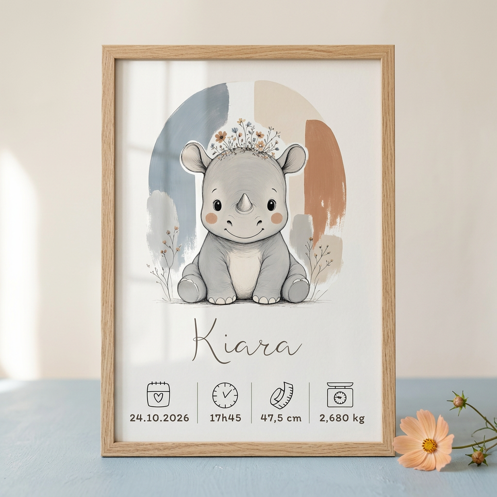 Gros plan du Rhinocéros Kiara en cadre bois clair avec plexiglas