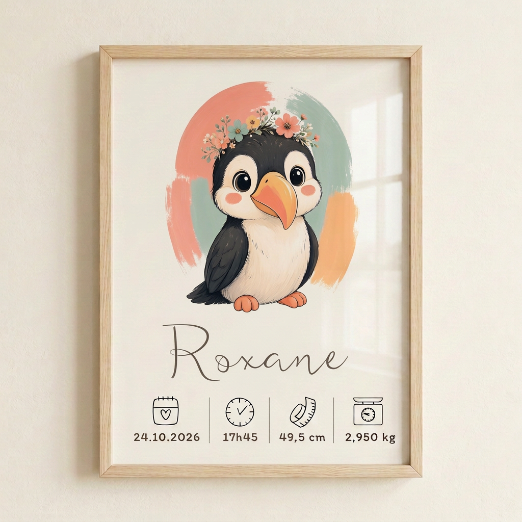 Gros plan du Toucan Roxane en cadre bois clair avec plexiglas