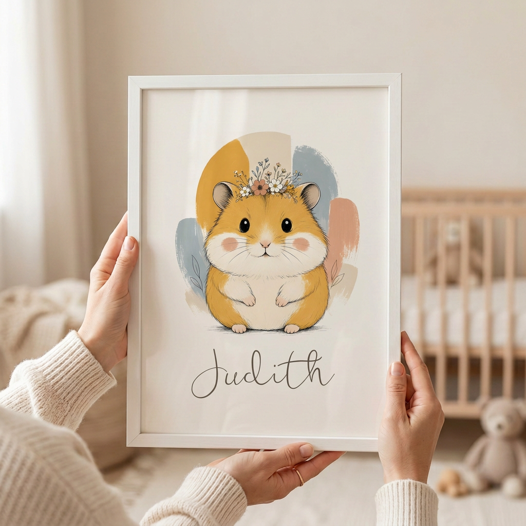 Hamster Judith prénom seul dans un cadre blanc