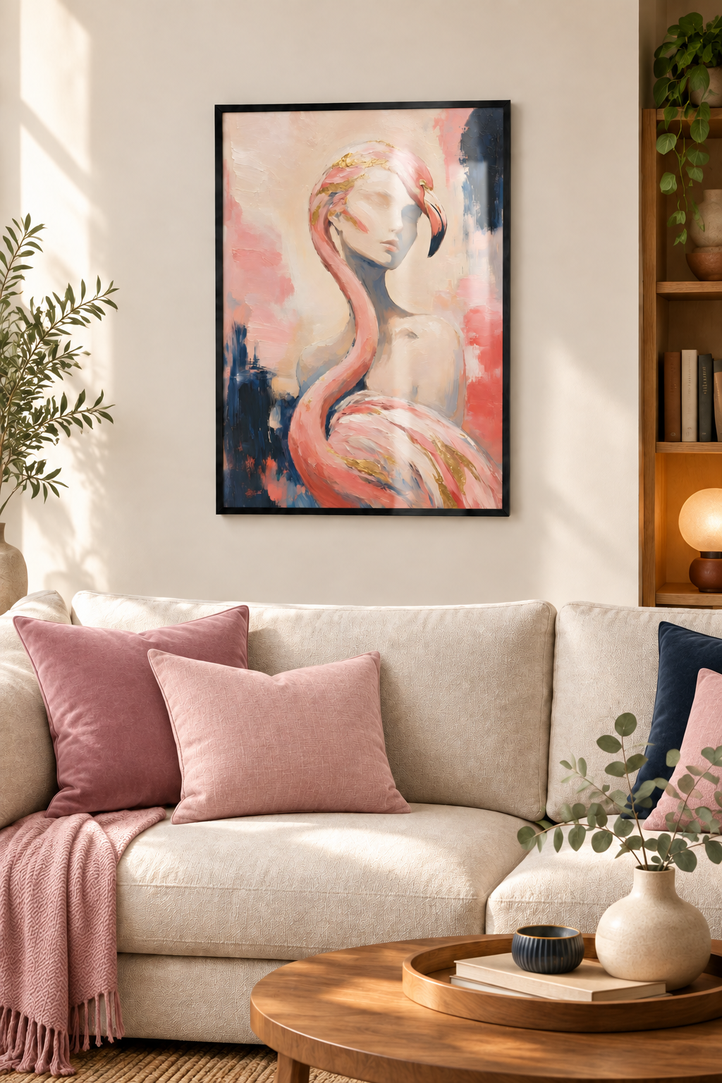 Affiche femme et flamant rose encadrée dans un salon crème avec coussins vieux rose
